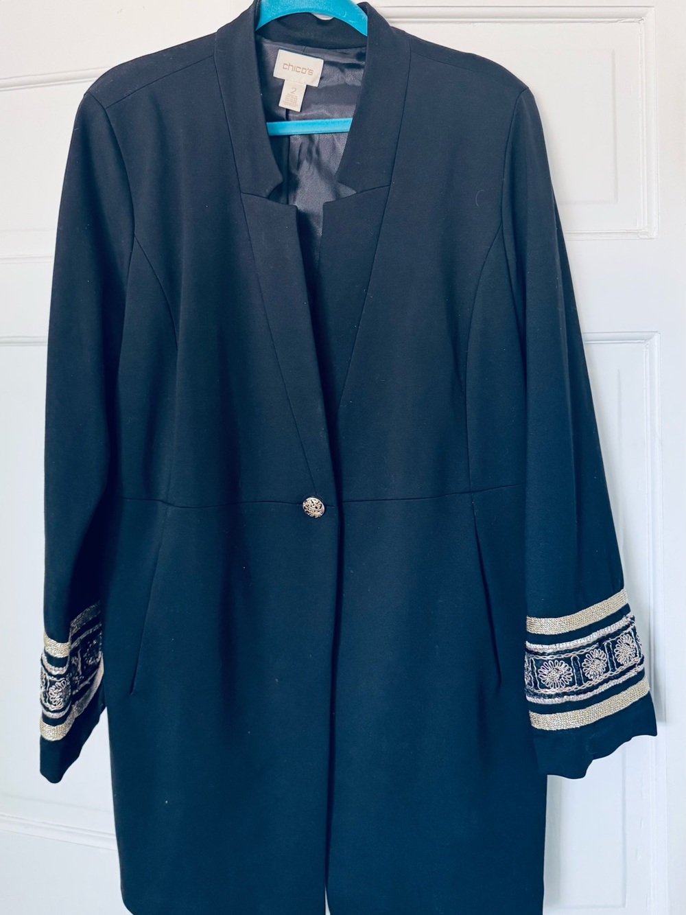Chico's Black Long Blazer with Metallic Embroidered Cuffs